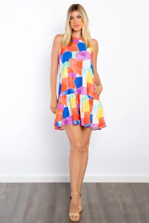 Abstract Print Ruffle Hem Mini Dress with Pockets