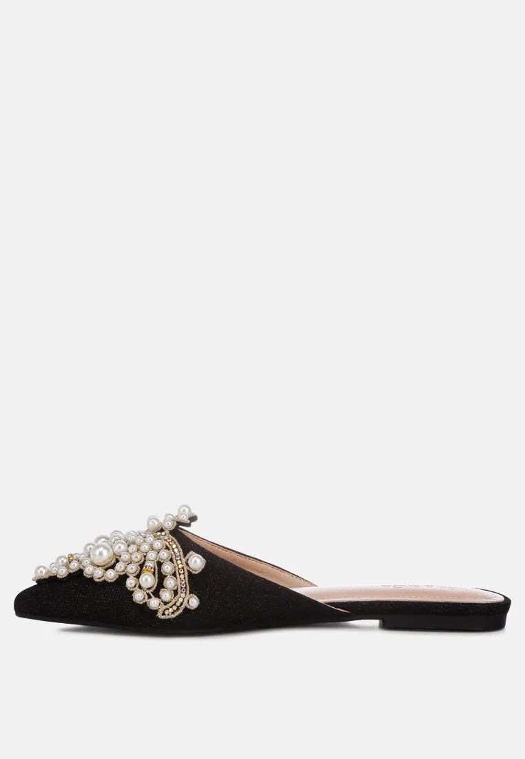 ASTRE Pearl Embellished Shimmer Mules In Black