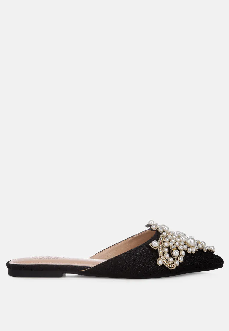 ASTRE Pearl Embellished Shimmer Mules In Black