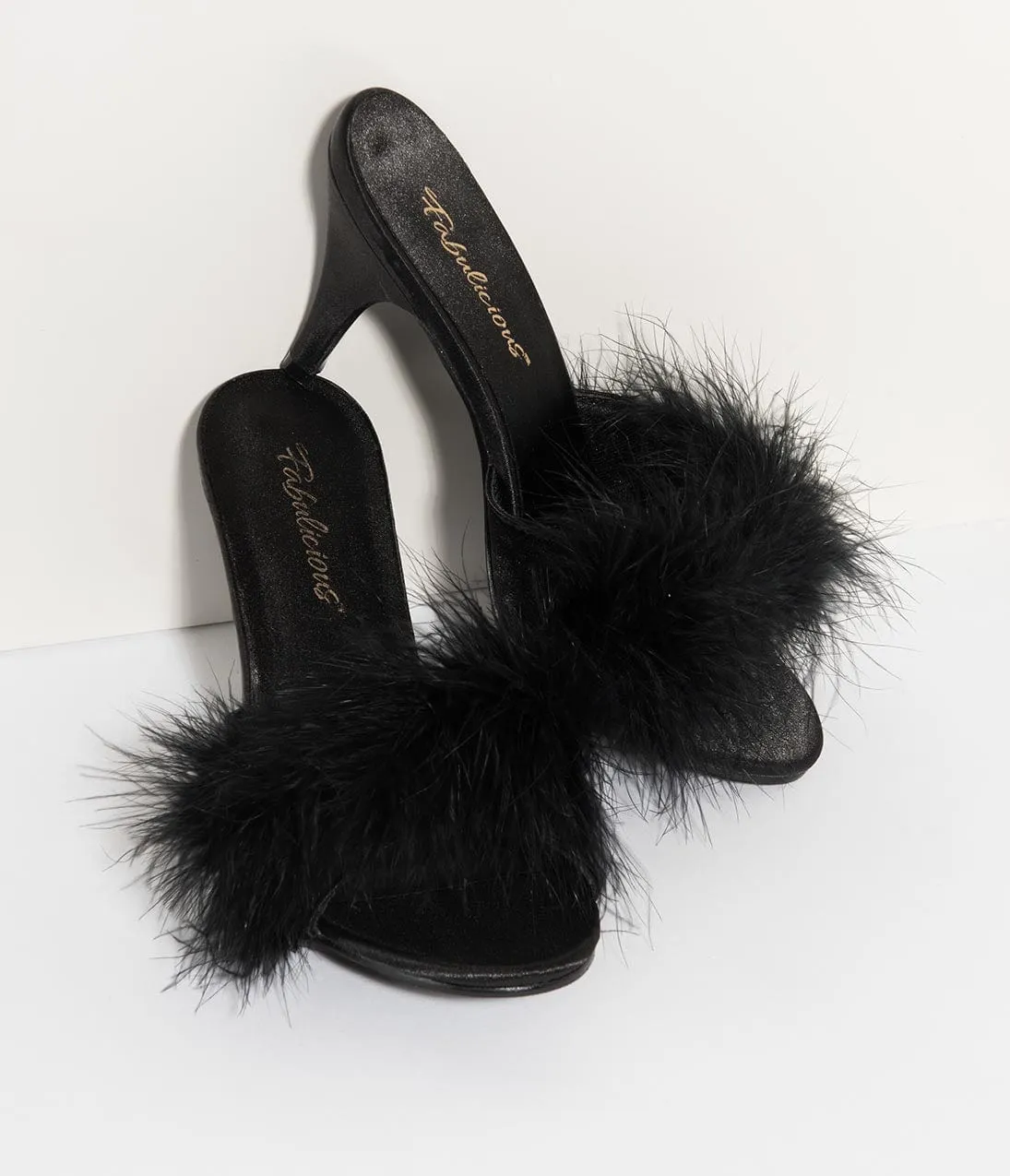 Black Satin & Marabou Feather Peep Toe Amour Heel Slipper