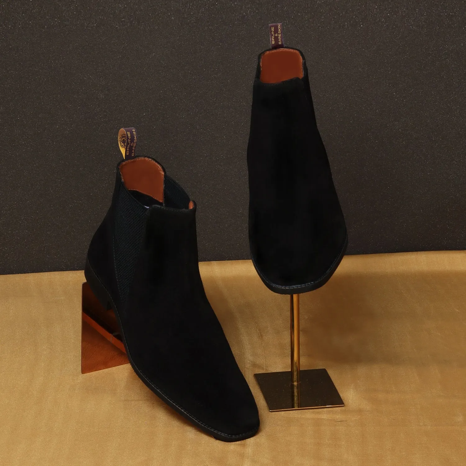 Black Suede Leather Chelsea Boot with a Stylish Sharp Elastic Design