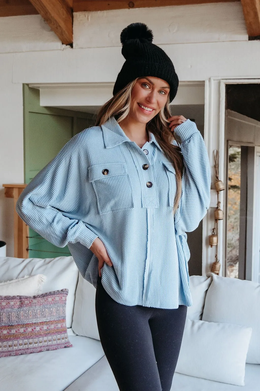 Blue Half Button Up Ribbed Pullover