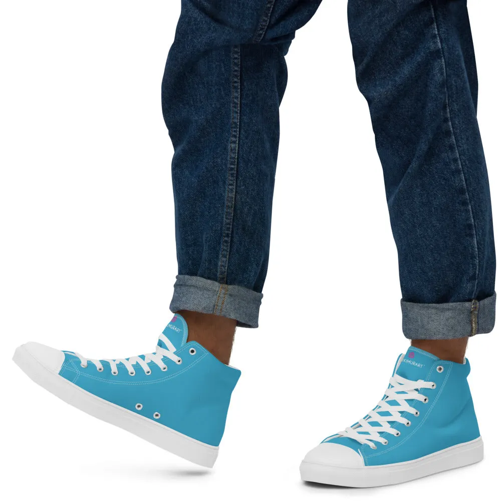 Blue Solid Color Men's Sneakers, Modern Minimalist High Top Tennis Shoes For Stylish Men