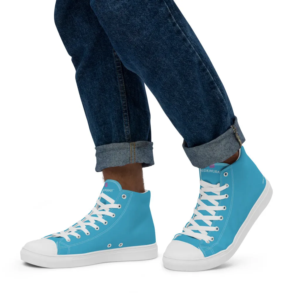 Blue Solid Color Men's Sneakers, Modern Minimalist High Top Tennis Shoes For Stylish Men