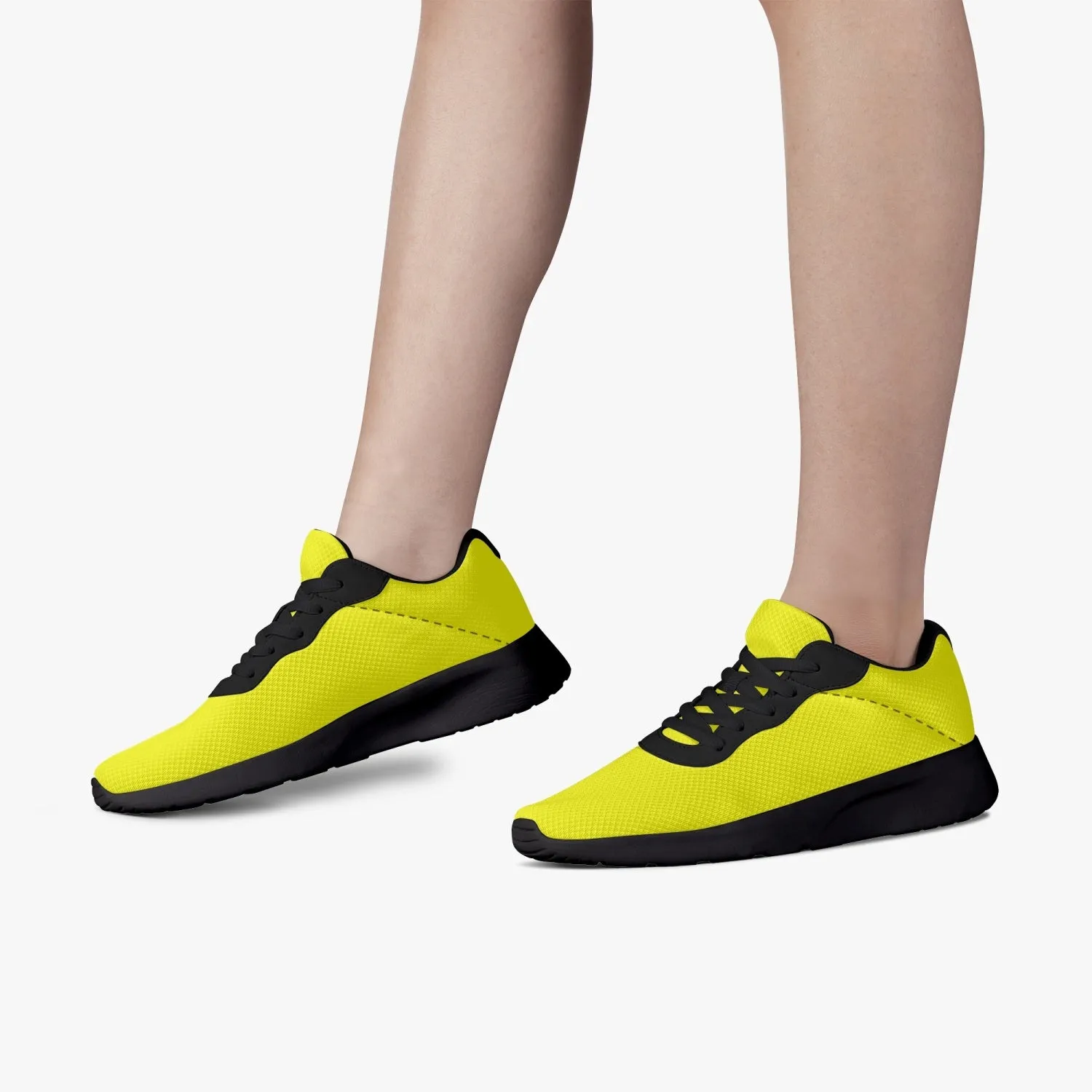 Bright Yellow Color Unisex Sneakers, Soft Solid Yellow Color Best Lifestyle Unisex Casual Designer Mesh Running Shoes With Black Soles