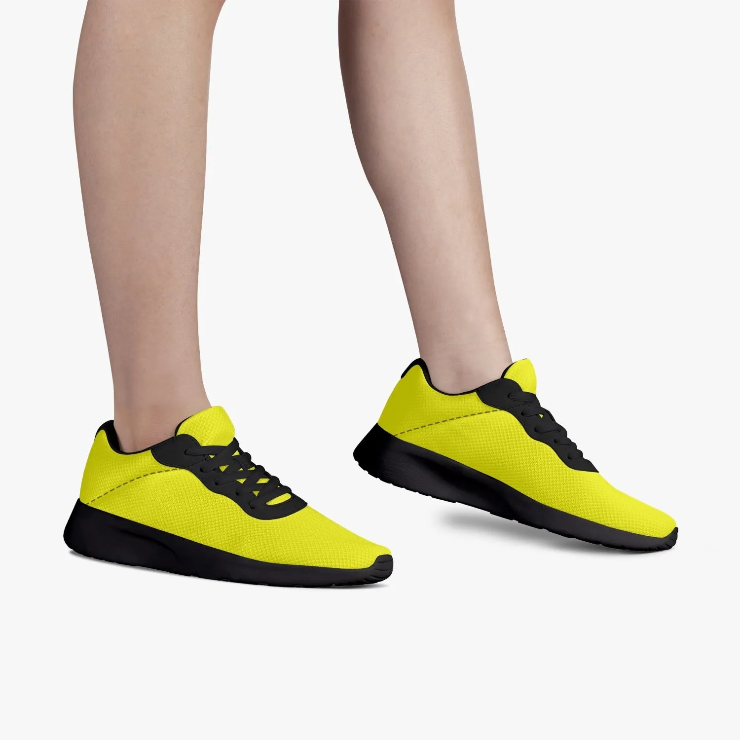 Bright Yellow Color Unisex Sneakers, Soft Solid Yellow Color Best Lifestyle Unisex Casual Designer Mesh Running Shoes With Black Soles