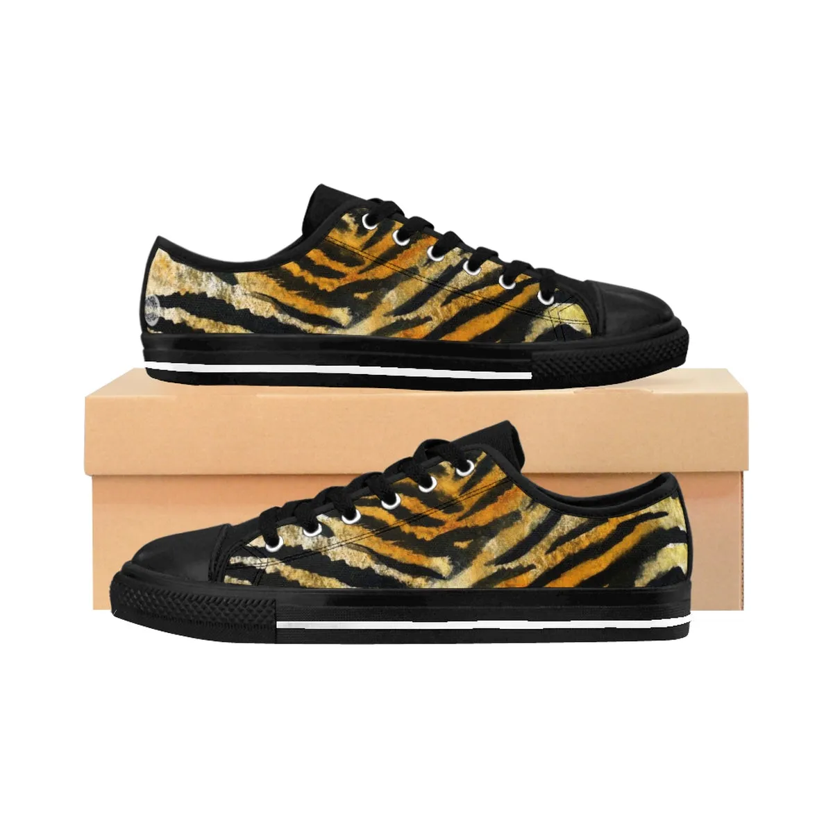 Brown Tiger Striped Men's Sneakers, Animal Print Designer Men's Low Top Sneakers Shoes