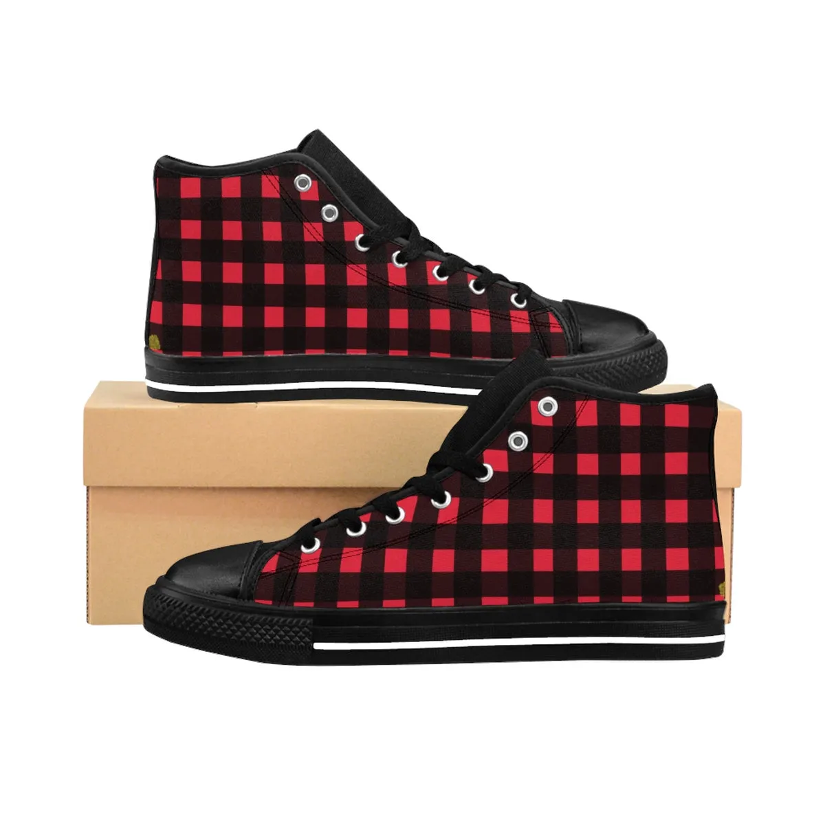 Buffalo Red Women's Sneakers, Plaid Print Designer Ladies High-top Sneakers Running Shoes