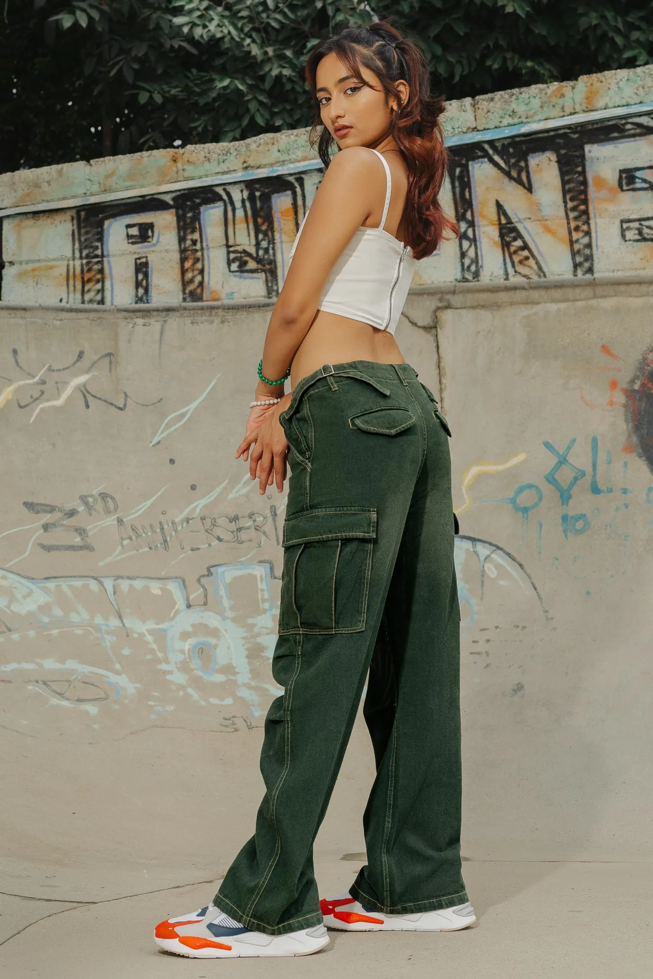 Contrast Stitch Green Cargo Pants