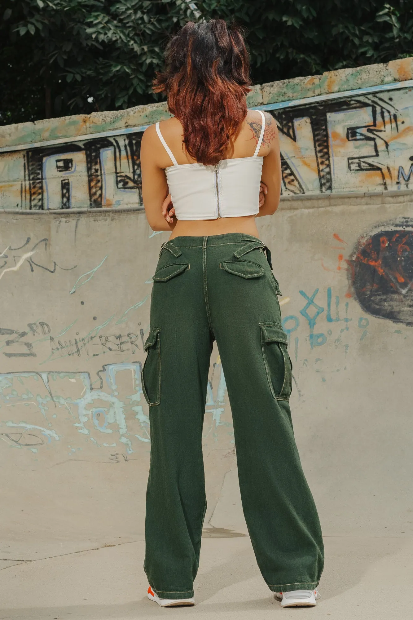 Contrast Stitch Green Cargo Pants