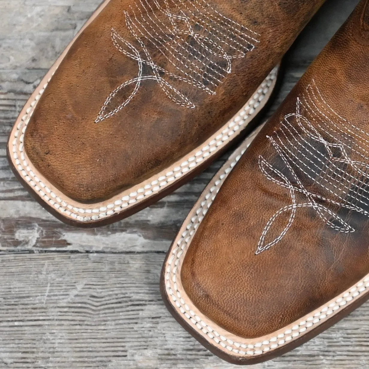 Cowtown Ladies Square Toe Boot in Rustic Brown with Pink Stitching