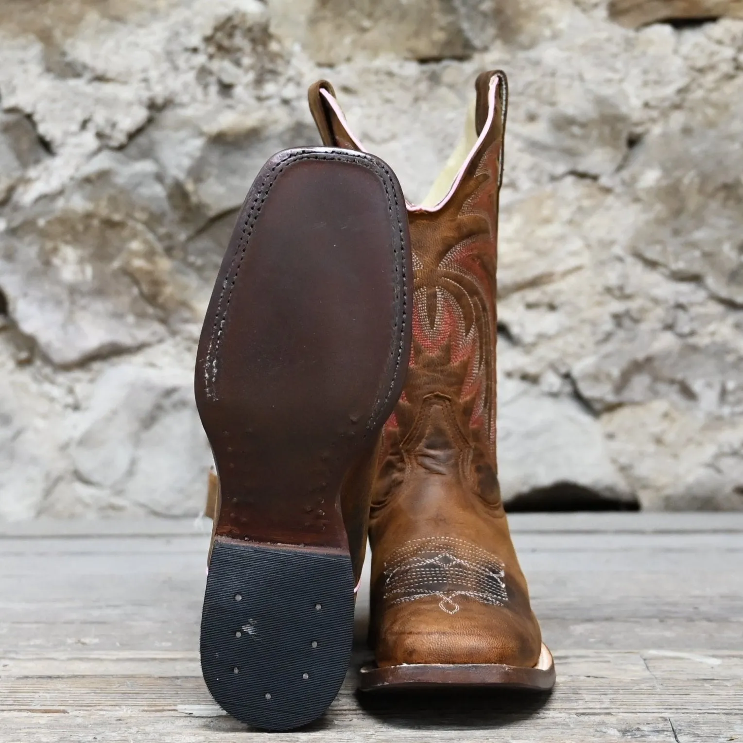 Cowtown Ladies Square Toe Boot in Rustic Brown with Pink Stitching