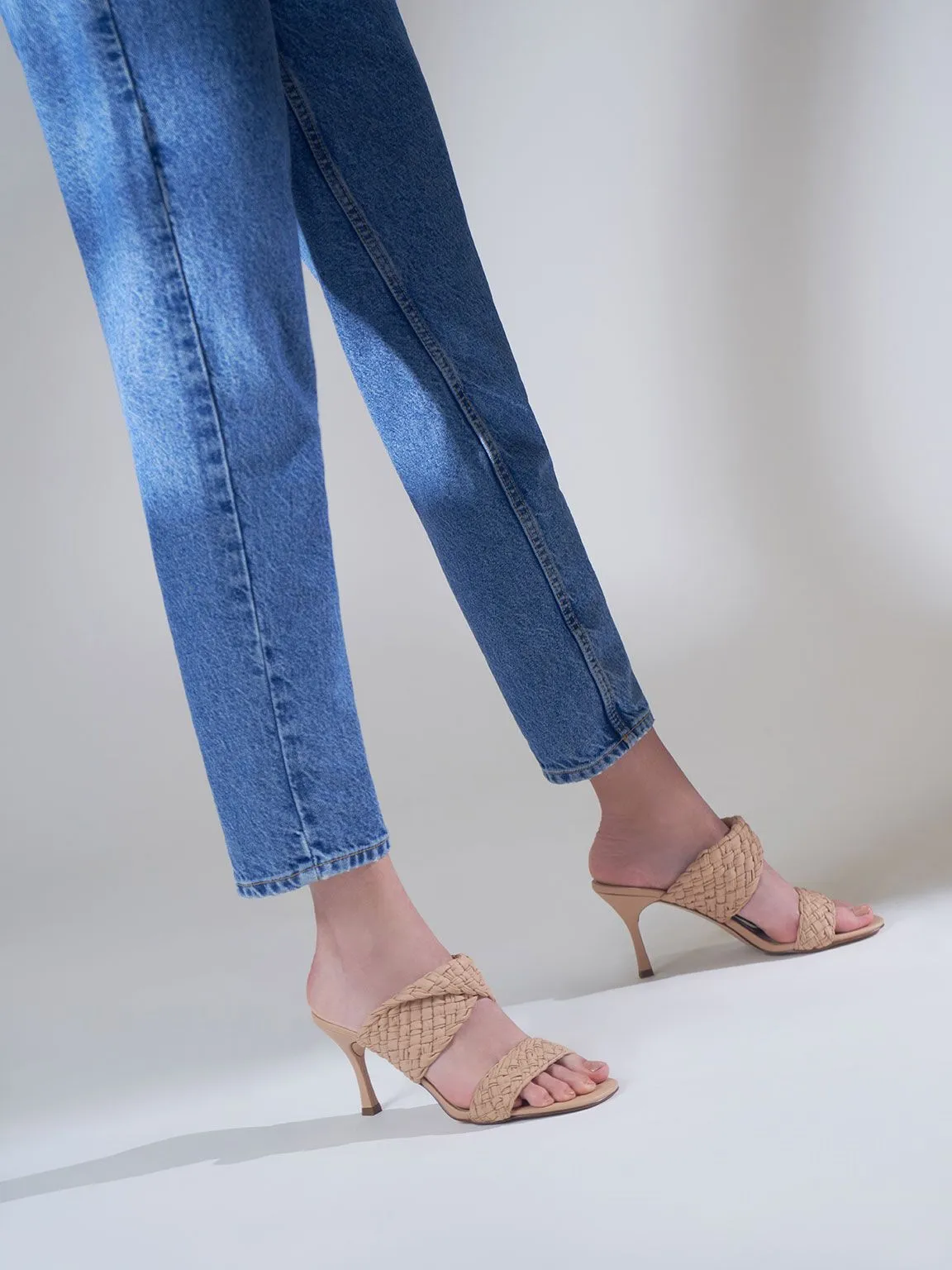 Double Strap Woven Heeled Mules