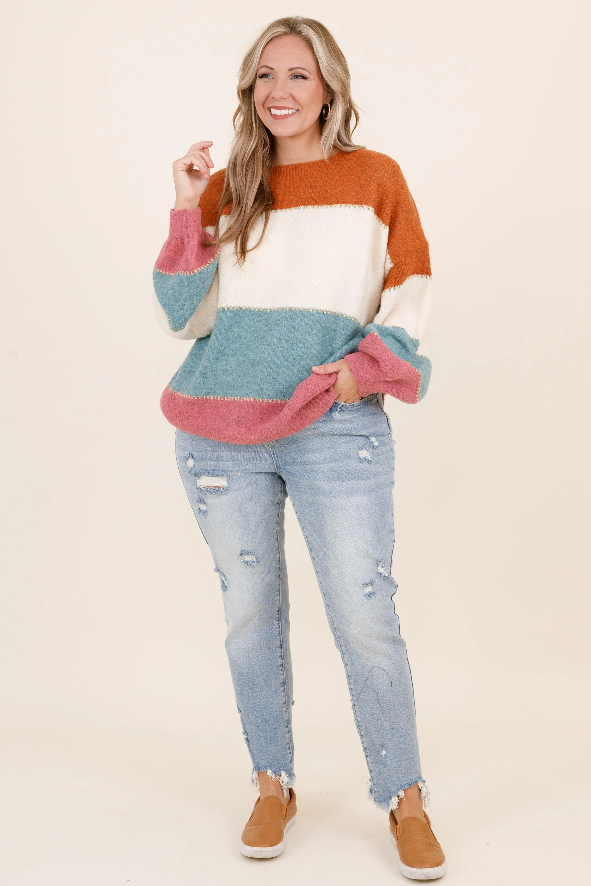 Enchanting Muse Sweater, Rust Teal Magenta