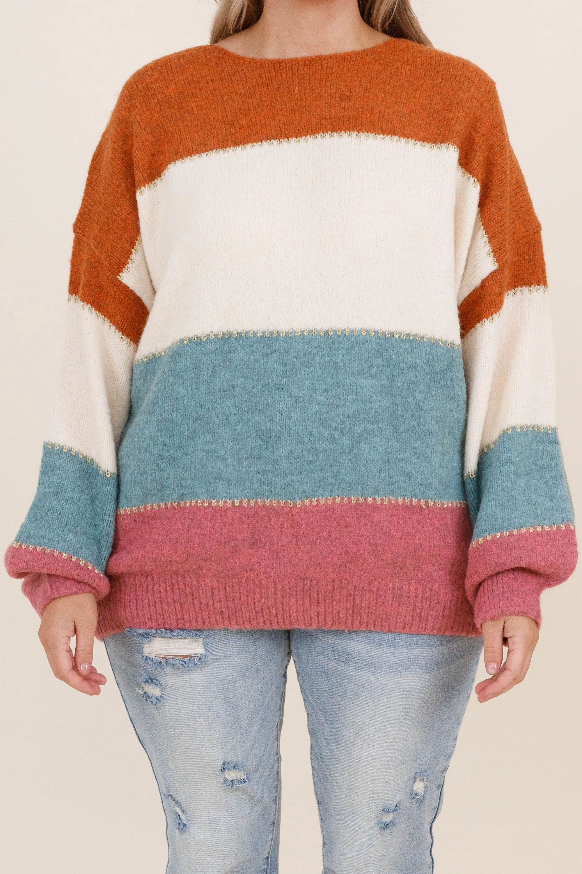 Enchanting Muse Sweater, Rust Teal Magenta