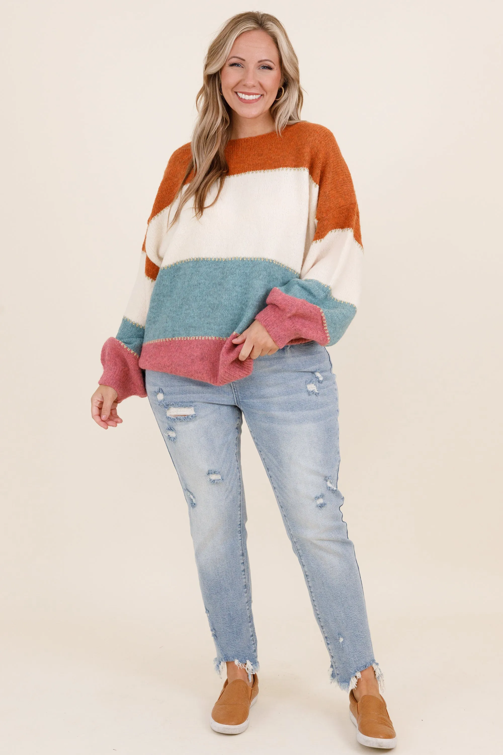 Enchanting Muse Sweater, Rust Teal Magenta