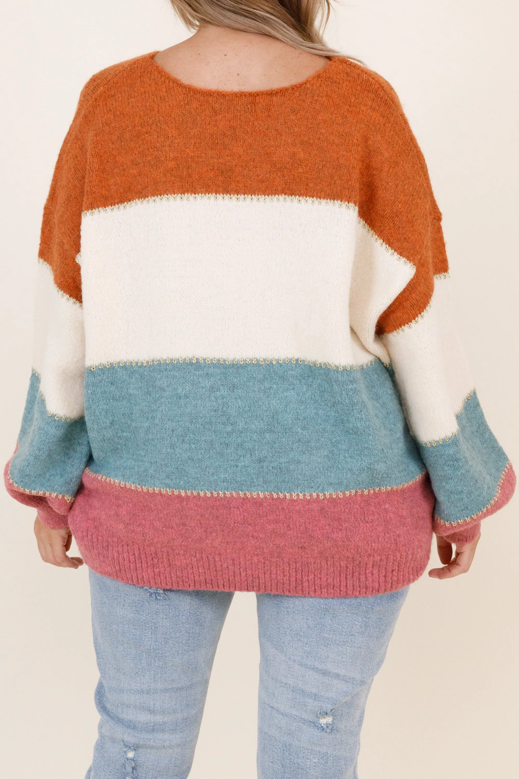 Enchanting Muse Sweater, Rust Teal Magenta