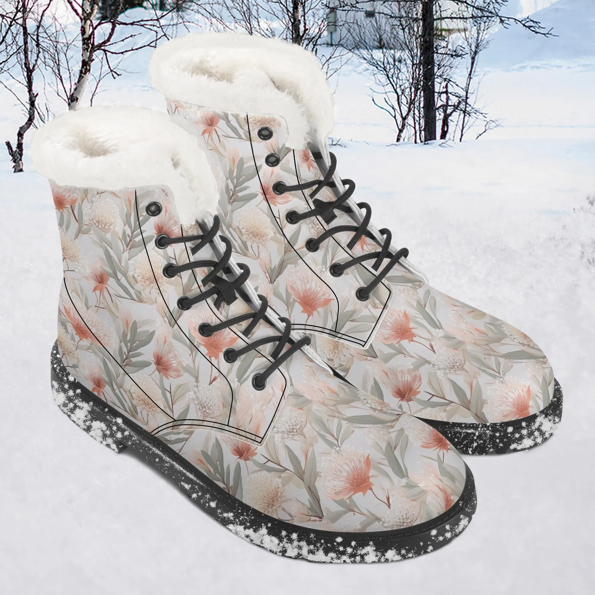 Faux Fur Leather Boots Australian Floral 2