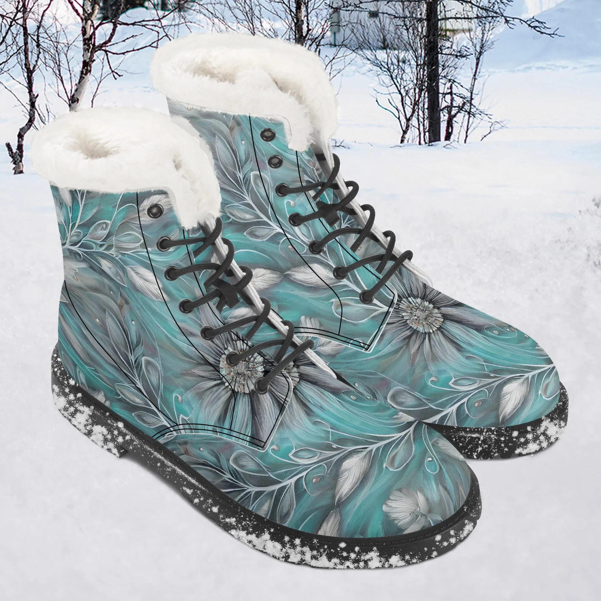 Faux Fur Leather Boots Elegant Greenery Floral