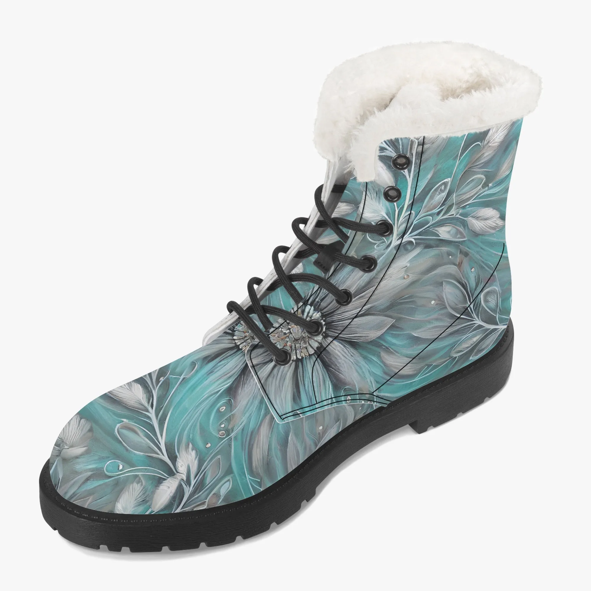 Faux Fur Leather Boots Elegant Greenery Floral