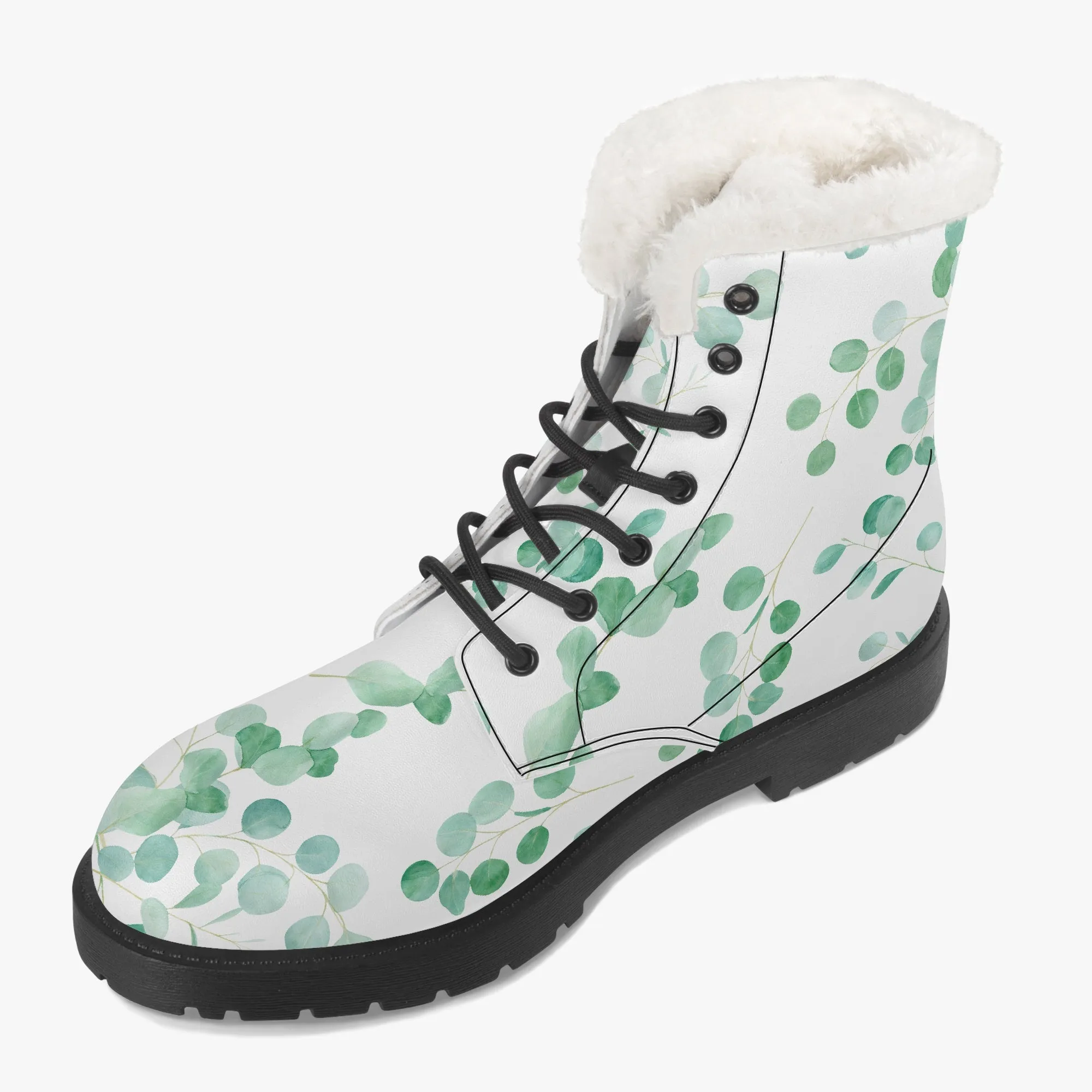 Faux Fur Leather Boots Eucalyptus Leaves