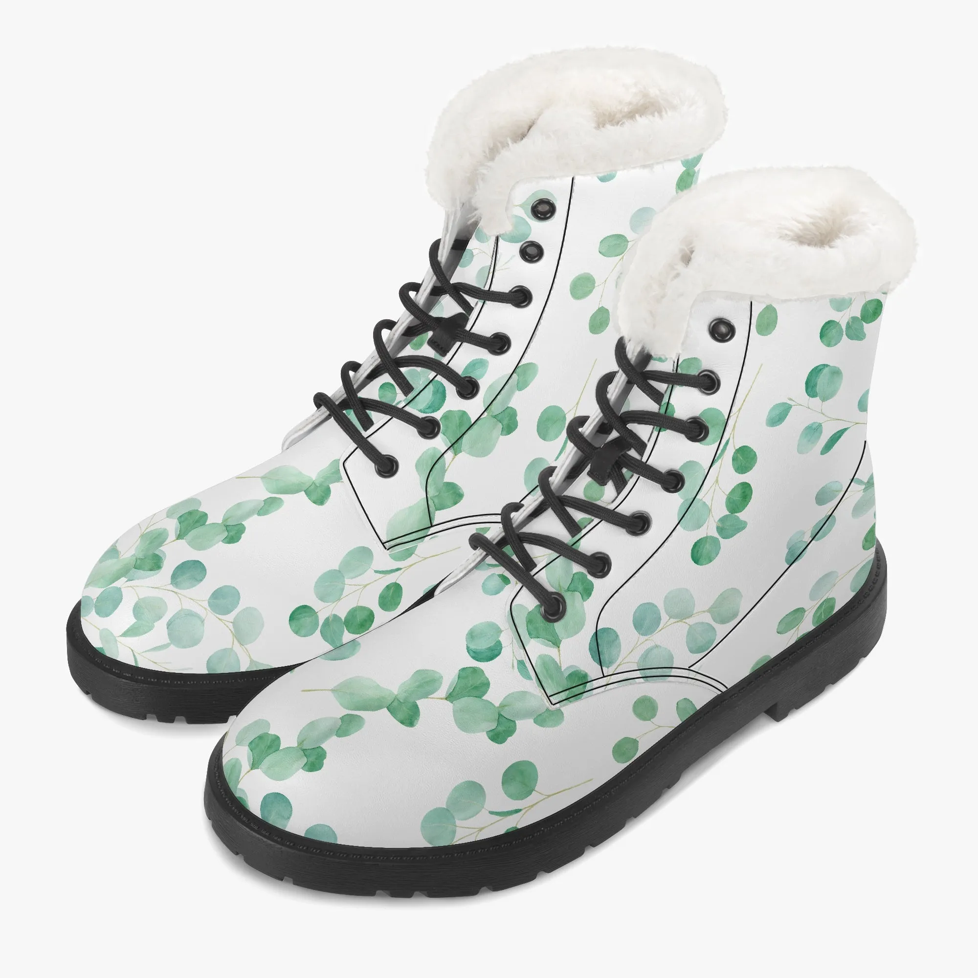 Faux Fur Leather Boots Eucalyptus Leaves