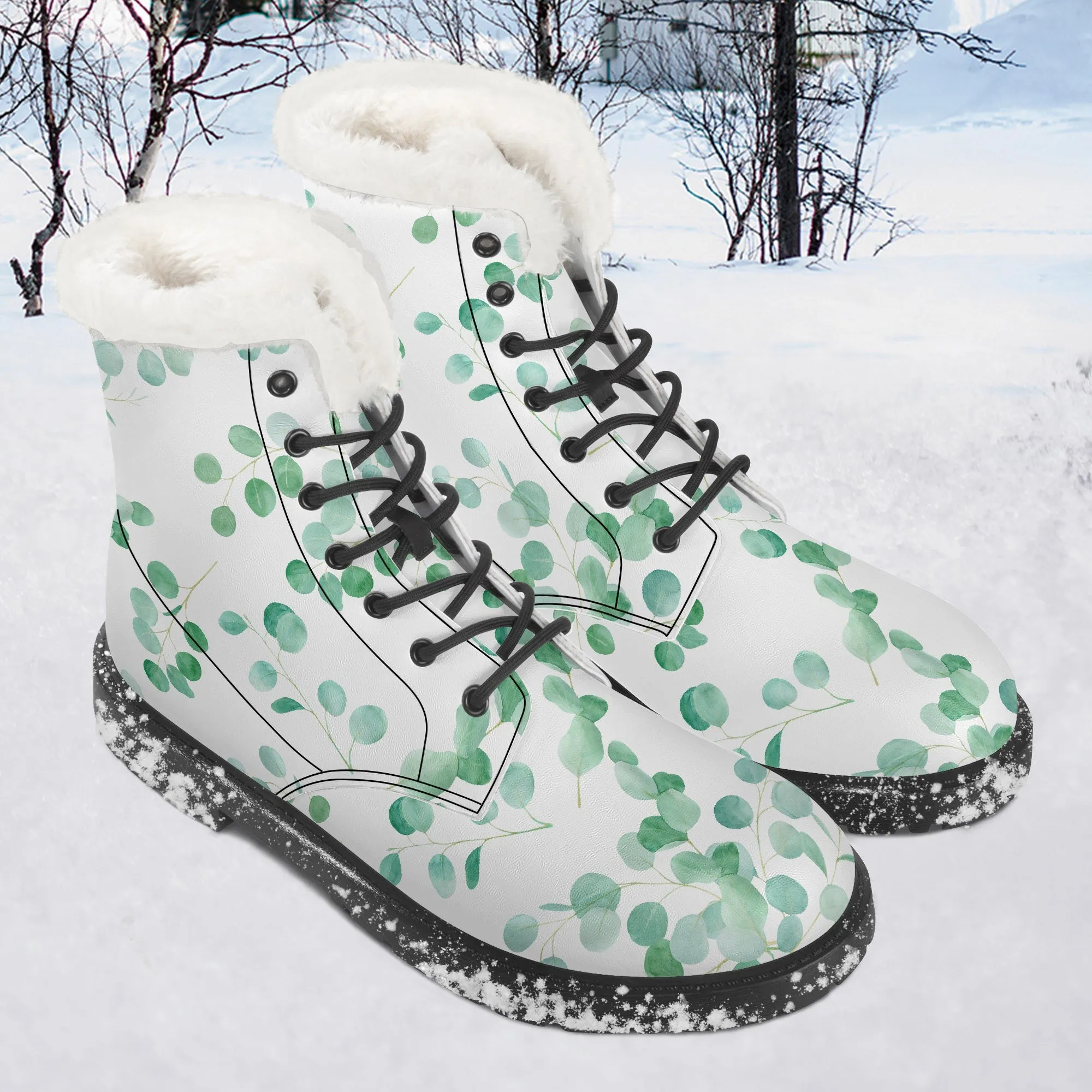 Faux Fur Leather Boots Eucalyptus Leaves