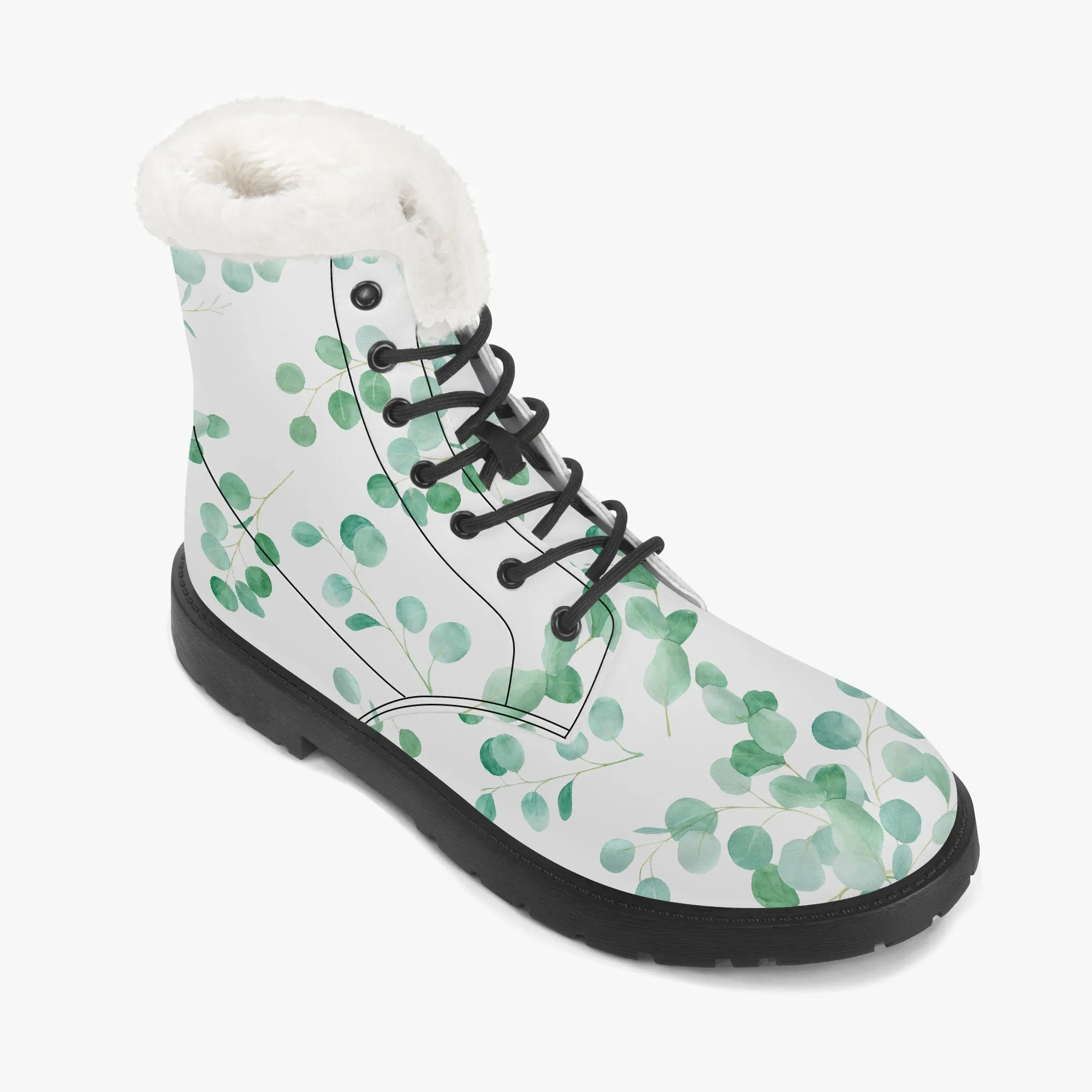 Faux Fur Leather Boots Eucalyptus Leaves