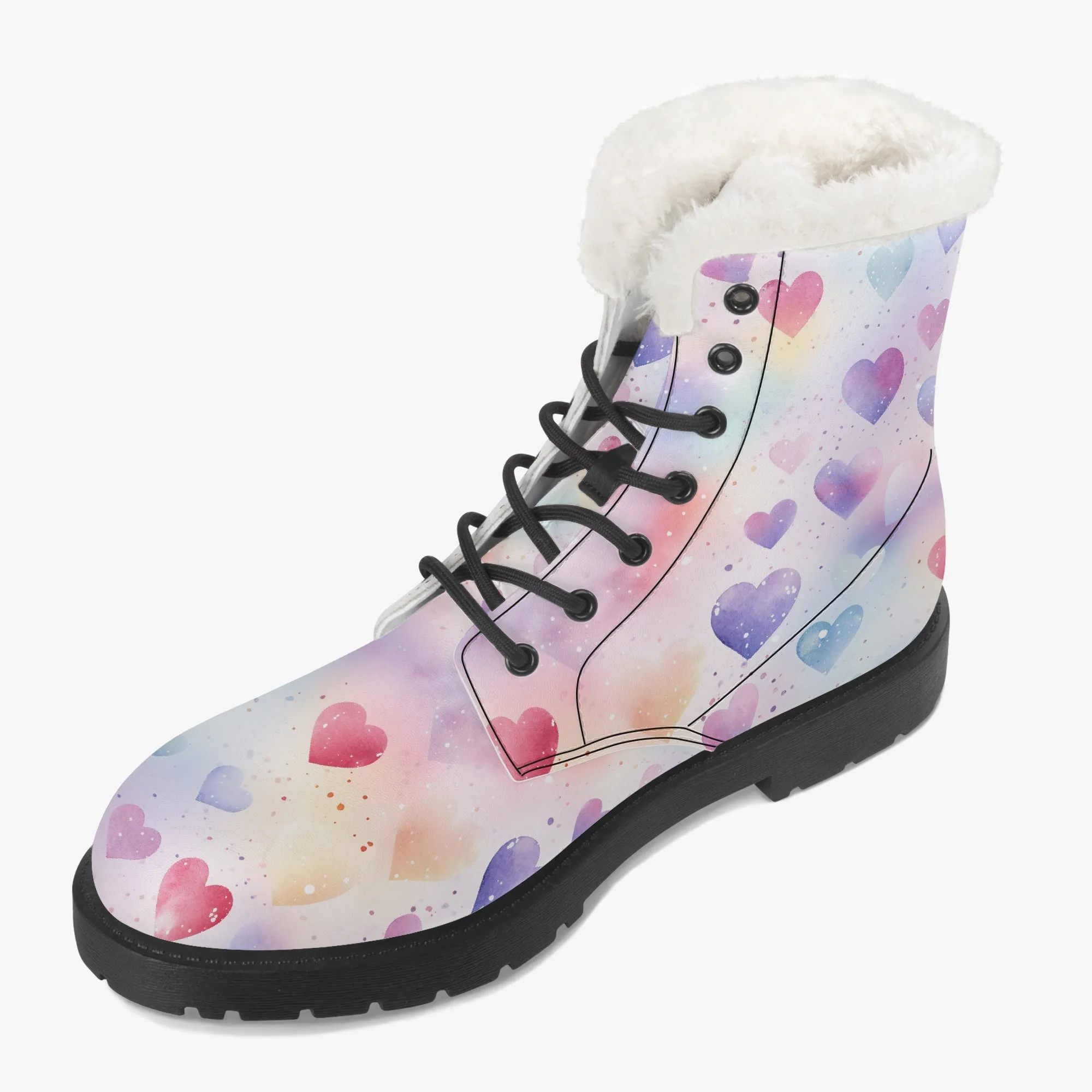 Faux Fur Leather Boots Hearts Multi Colour