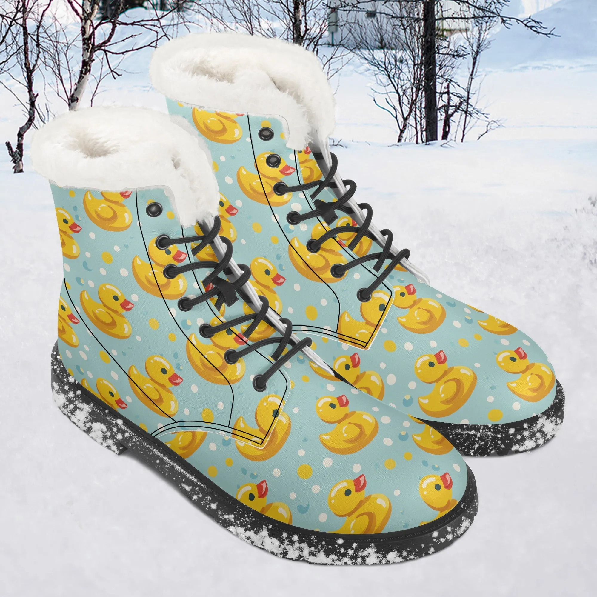 Faux Fur Leather Boots Rubber Ducks