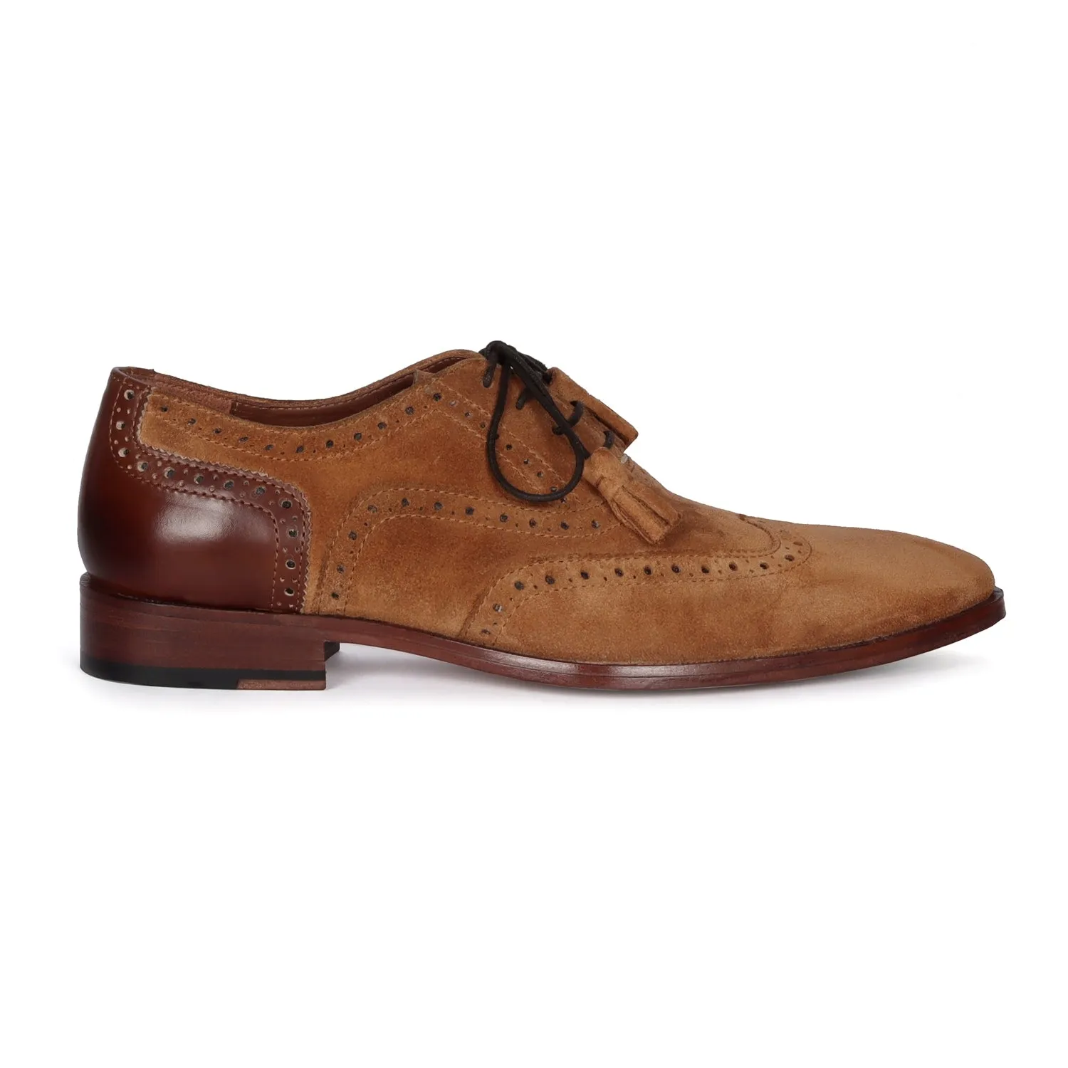 Full Wingtip Camel Suede Punching Brogue With Tassel Oxfords Lace-Up Leather Heel Cap Shoe By Brune & Bareskin