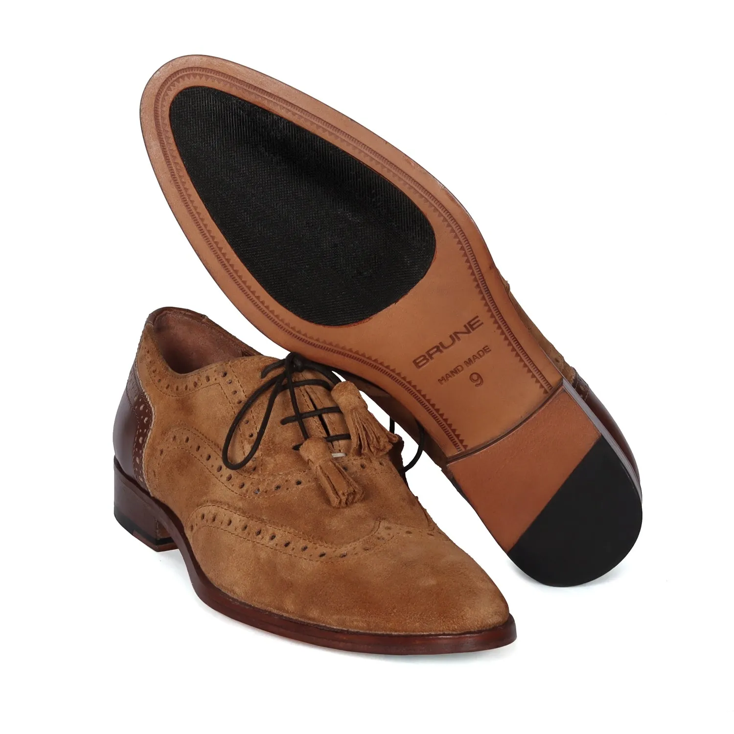 Full Wingtip Camel Suede Punching Brogue With Tassel Oxfords Lace-Up Leather Heel Cap Shoe By Brune & Bareskin