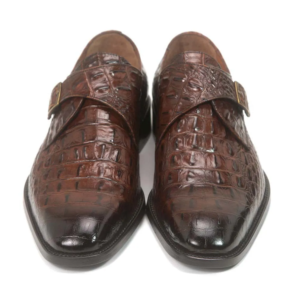 Golden Pass Crocodile Print Tabac Monk Buckle Leather Sole Men's Shoes