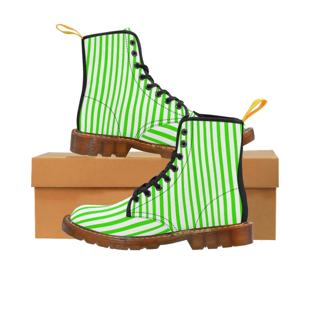 Green Striped Women's Canvas Boots, Modern Vertically Stripes White Green Ladies' Winter Boots