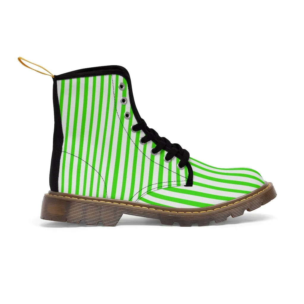 Green Striped Women's Canvas Boots, Modern Vertically Stripes White Green Ladies' Winter Boots