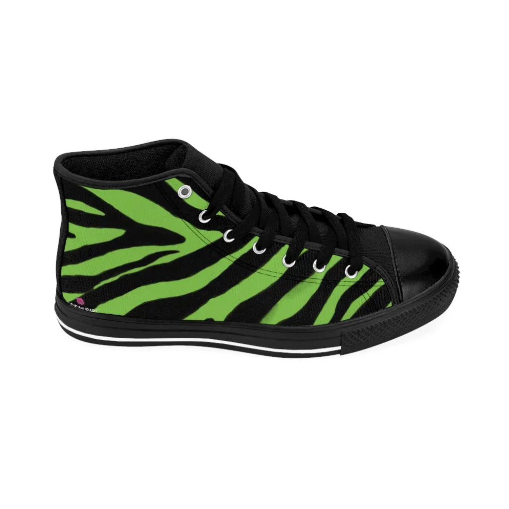 Green Zebra Men's High Tops, Zebra Striped Animal Print Men's Classic Sneakers Running Fashion Canvas Shoes