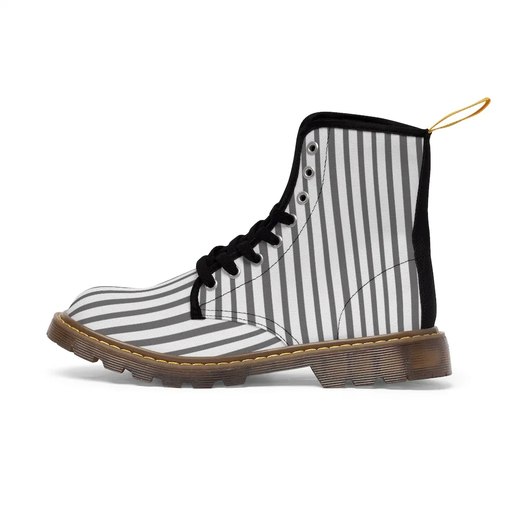 Grey Striped Women's Canvas Boots, Best Designer Modern Stripes Winter Boots For Ladies