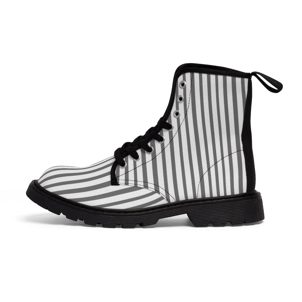 Grey Striped Women's Canvas Boots, Best Designer Modern Stripes Winter Boots For Ladies