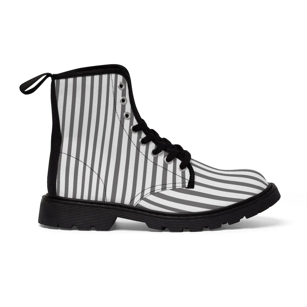 Grey Striped Women's Canvas Boots, Best Designer Modern Stripes Winter Boots For Ladies