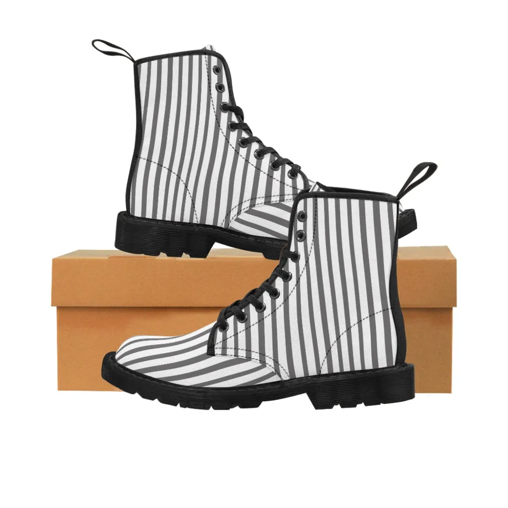 Grey Striped Women's Canvas Boots, Best Designer Modern Stripes Winter Boots For Ladies