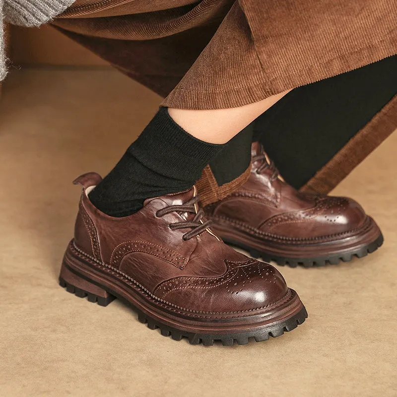 Handmade Leather Chunky Wingtip Full Brogue Oxfords for Women in Brown/Black