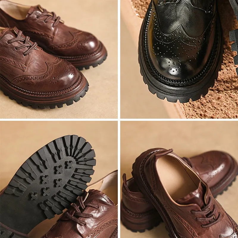 Handmade Leather Chunky Wingtip Full Brogue Oxfords for Women in Brown/Black