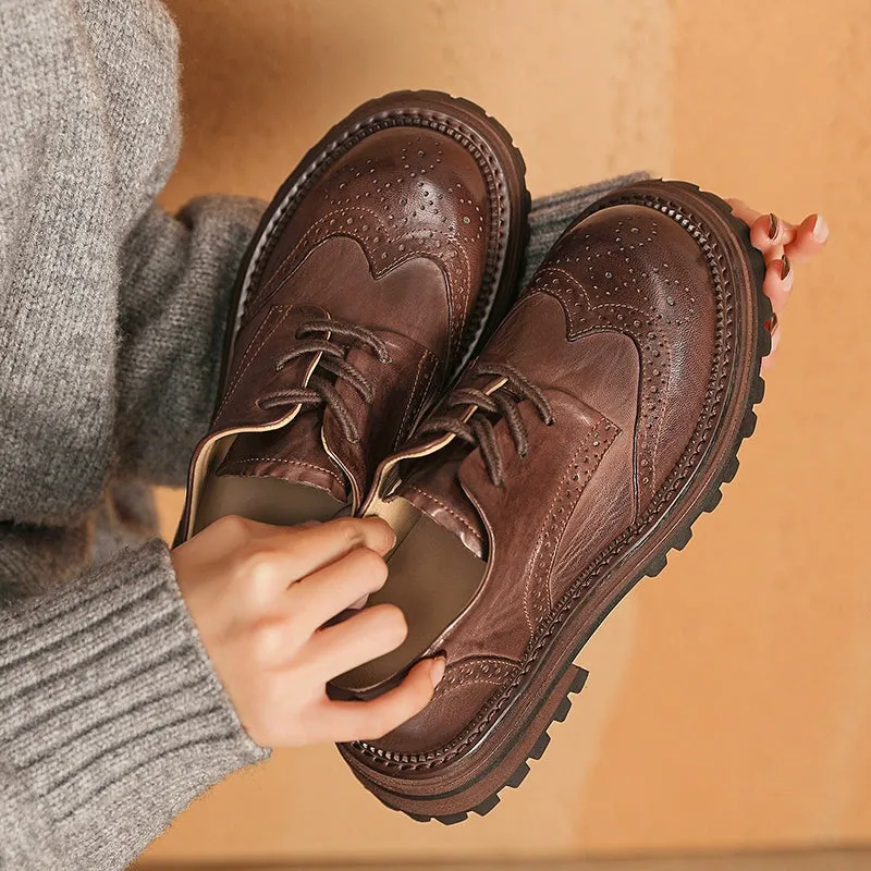 Handmade Leather Chunky Wingtip Full Brogue Oxfords for Women in Brown/Black