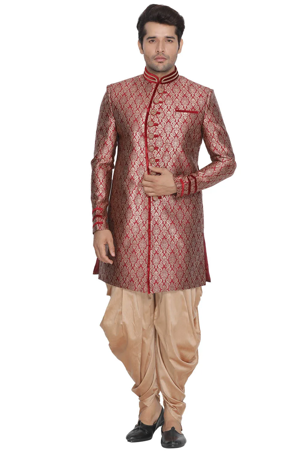 Jashvi Men's Maroon Silk Blend Sherwani-Only Top