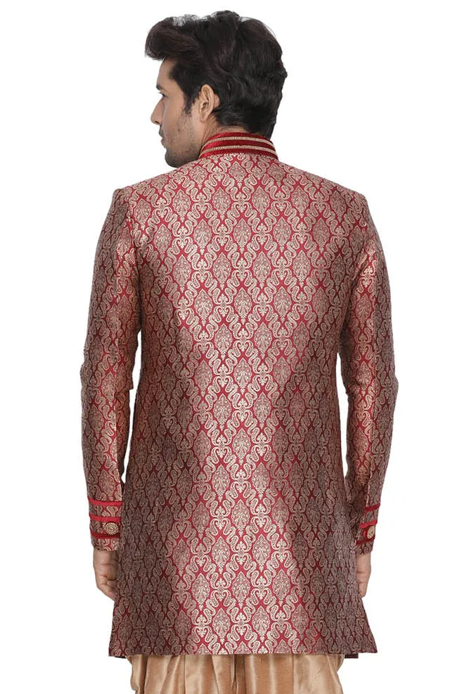 Jashvi Men's Maroon Silk Blend Sherwani-Only Top