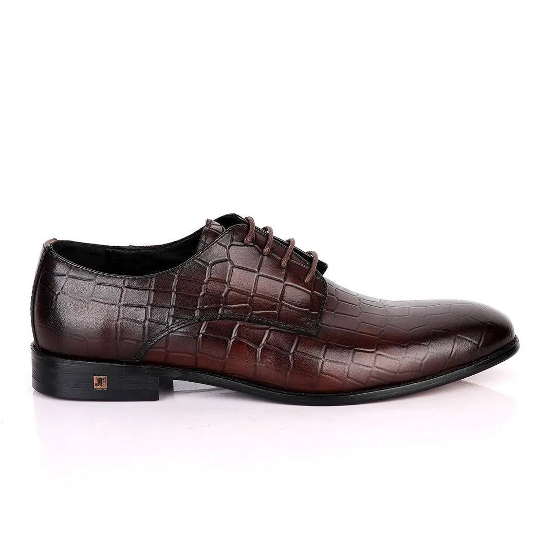 John Foster Full Croc Design Leather Derby Men's Shoes-Coffee