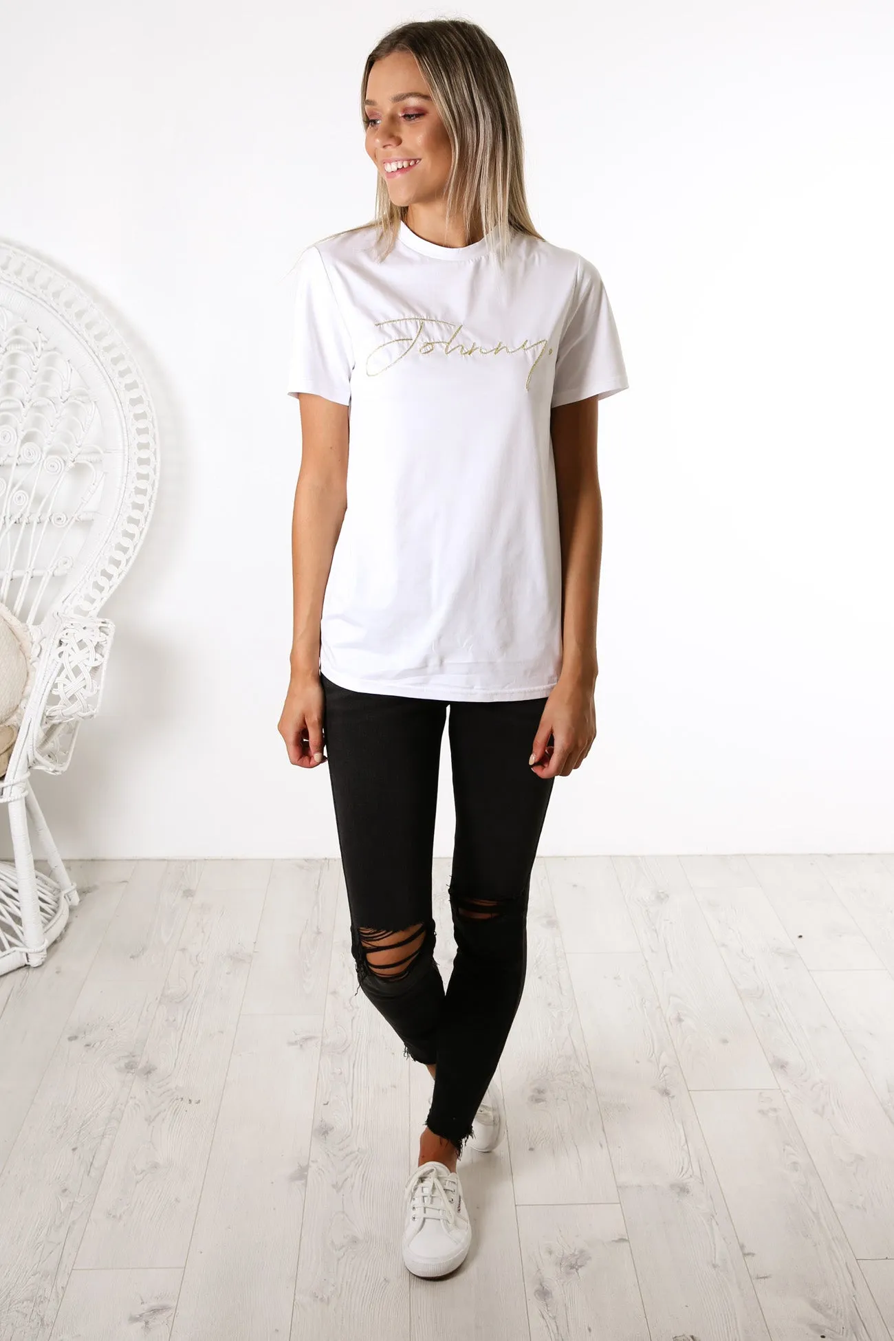 Johnny Shine Embroidery Tee White Gold