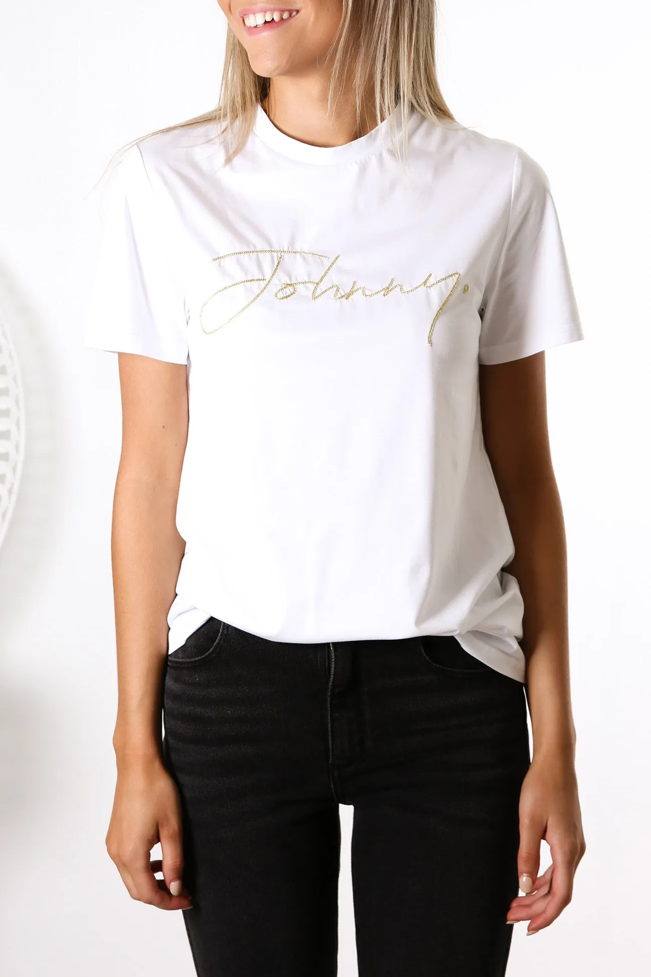 Johnny Shine Embroidery Tee White Gold