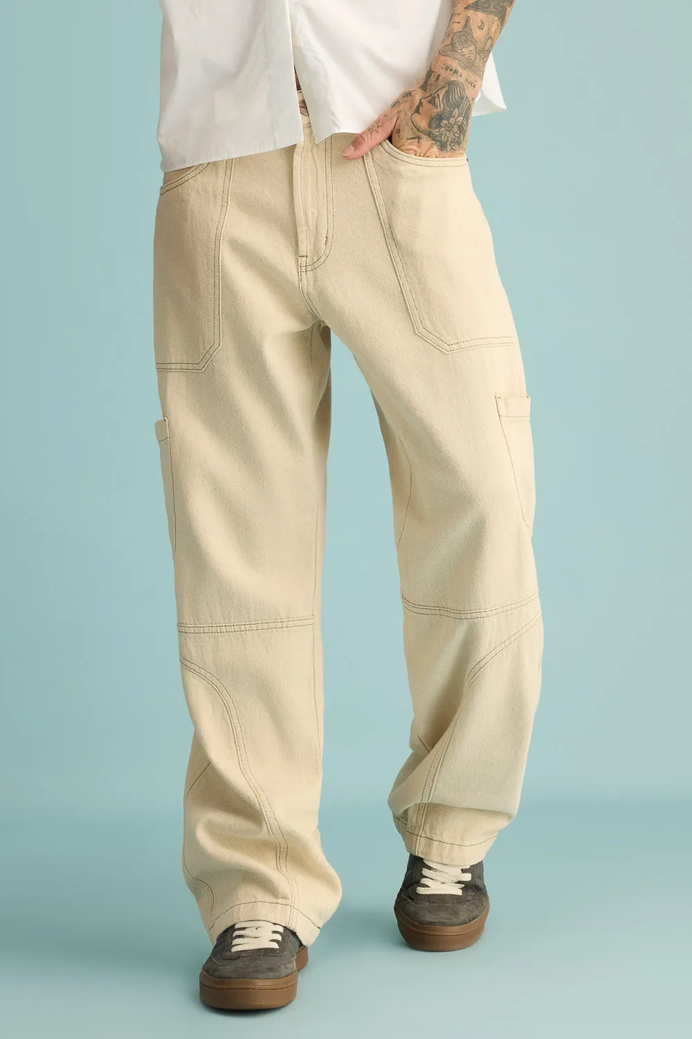 Latte Contrast Cargo Mens Wide Jeans