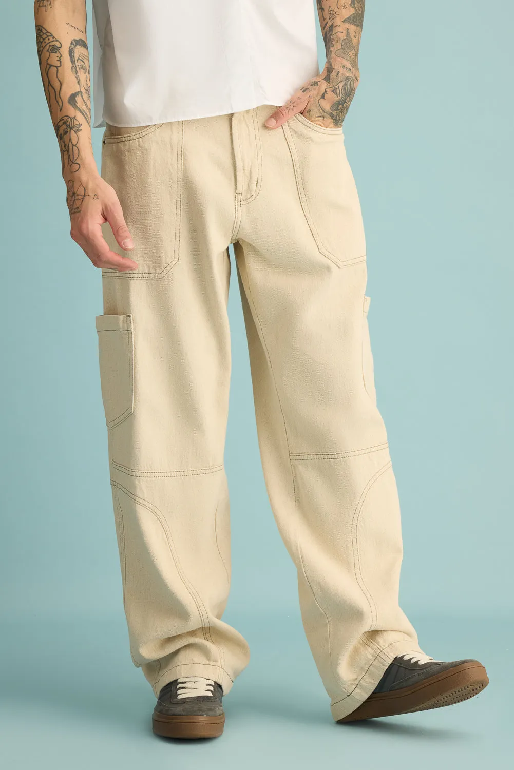 Latte Contrast Cargo Mens Wide Jeans